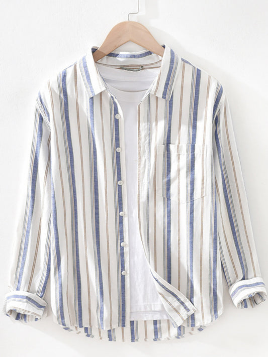 Men'S Stripe Cotton Linen Shirt