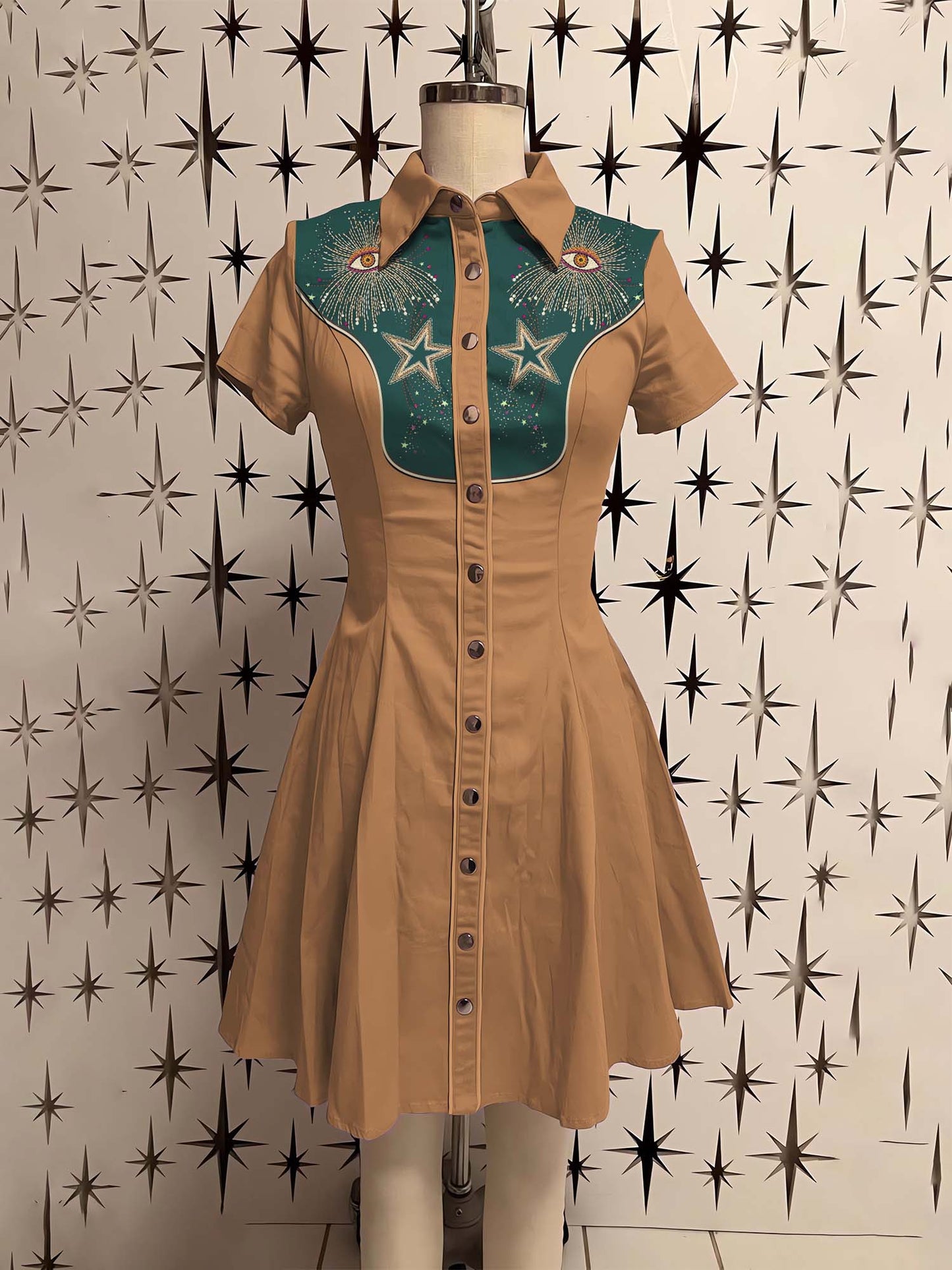 Star And Eyes Simulated 3D Beaded Embroidery Printed Shirt Dress