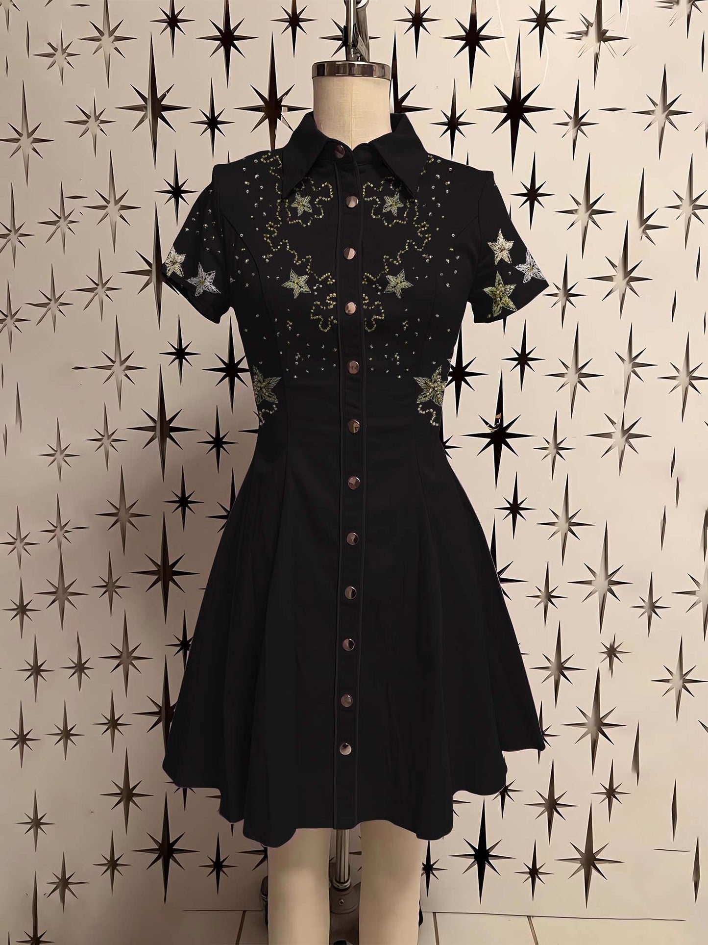 Star Night Simulated 3D Beaded Embroidery Printed Shirt Dress