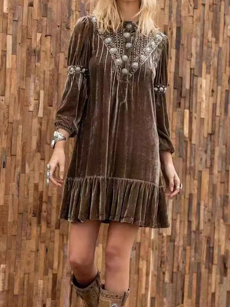 Retro Casual Heavy Beaded Buttoned Lantern Sleeve Open Tube Dress