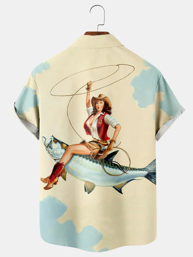 Men'S Ocean Western Cowgirl And Fish Printed Shirt