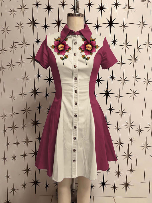 Vintage Western Skull Flower Printed Shirt Dress